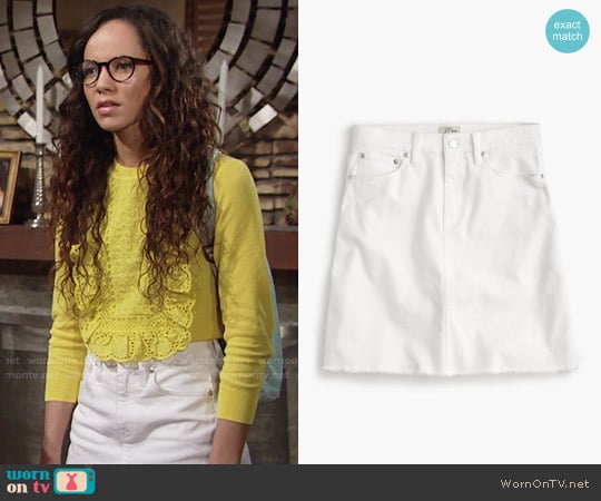 J.Crew White denim skirt with raw hem worn by Mattie Ashby (Lexie Stevenson) on The Young and the Restless