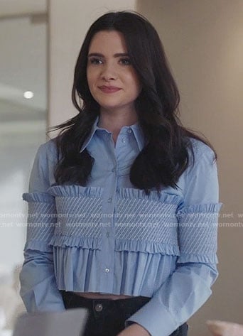 Jane’s blue ruffled cropped shirt on The Bold Type