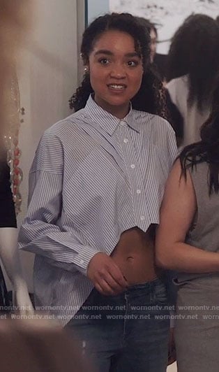 Kat’s blue striped cropped front shirt on The Bold Type