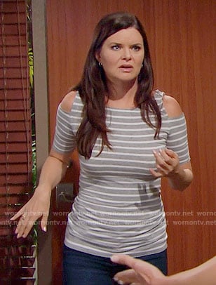 Katie’s grey striped cold-shoulder top on The Bold and the Beautiful