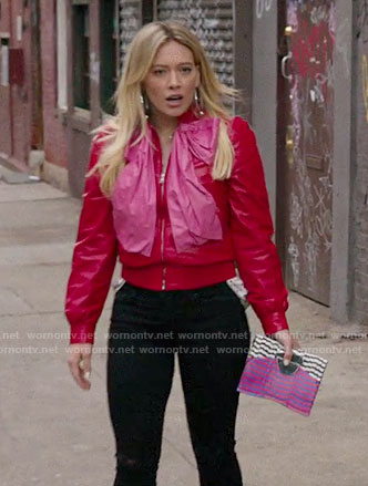 Kelsey’s red leather jacket with pink bow on Younger