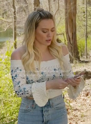 Kelsey’s embroidered off-shoulder sweater on Younger