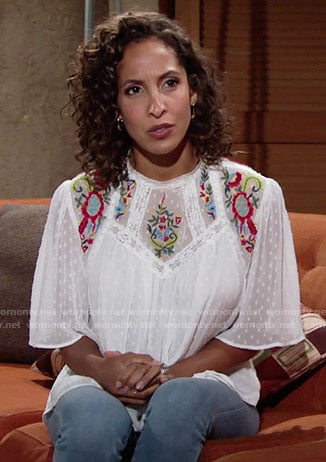 Lily’s white floral embroidered top on The Young and the Restless