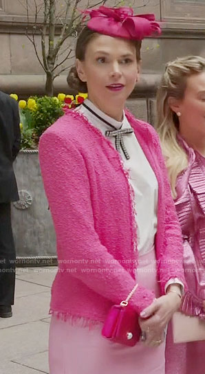 Liza’s pink tweed jacket and bow neck top on Younger