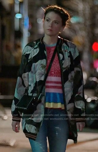 Liza’s striped peplum sweater and bird print bomber jacket on Younger