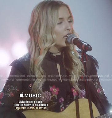 Maddie’s black floral embroidered blouse on Nashville