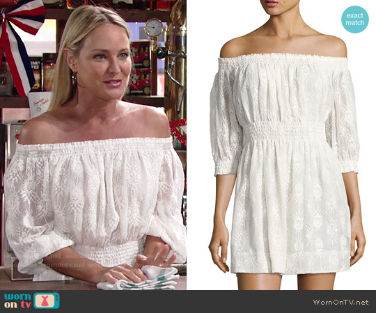 Rebecca Taylor Selina Off the Shoulder Embroidered Dress worn by Sharon Newman (Sharon Case) on The Young and the Restless