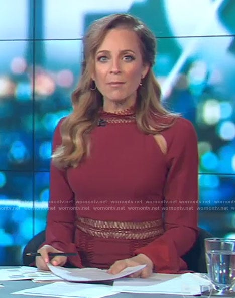 Carrie’s red embroidered waist dress on The Project