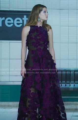 Sutton’s purple floral applique gown on The Bold Type