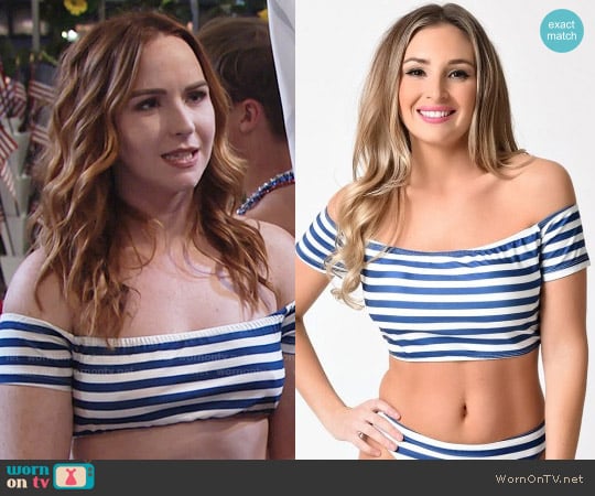 Unique Vintage Royal Blue & White Striped Short Sleeve Bikini worn by Mariah Copeland (Camryn Grimes) on The Young and the Restless