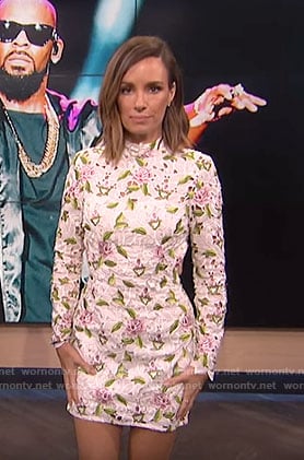Catt’s white floral mini dress with cutouts on E! News Daily Pop