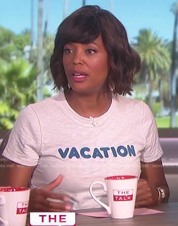 Aisha’s white vacation tee on The Talk