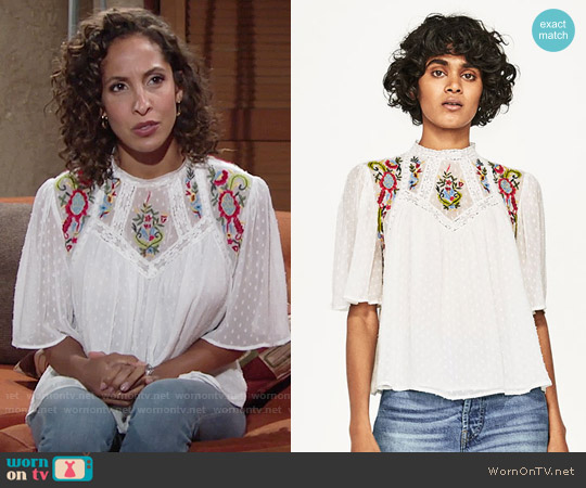 Zara Dotted Mesh Blouse with Floral Embroidery worn by Lily Winters (Christel Khalil) on The Young and the Restless