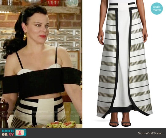 Zeus and Dione Graphic Metallic Stripe Maxi Skirt worn by Maggie (Debi Mazar) on Younger
