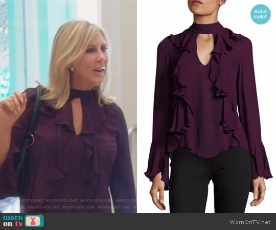 Cinq a Sept Sia Choker Ruffled Silk Blouse worn by Vicki Gunvalson on The Real Housewives of Orange County