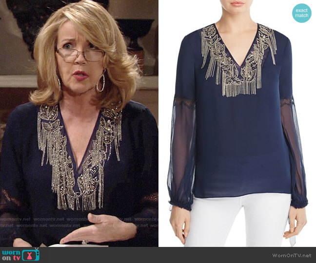 Elie Tahari Clementine Blouse in Meridian worn by Nikki Reed Newman (Melody Thomas-Scott) on The Young and the Restless