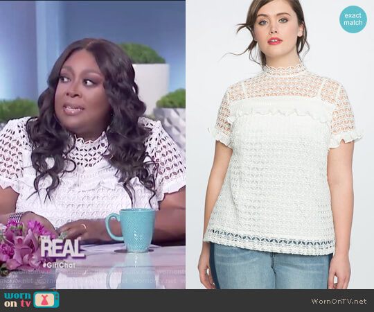 Eloquii Mixed Lace Ruffle Detail Top worn by Loni Love on The Real