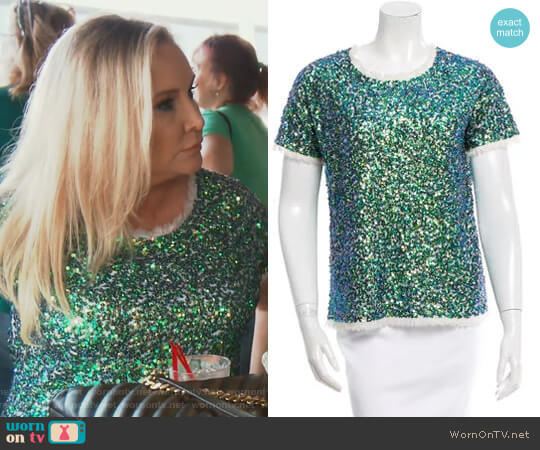 Gryphon Green Short Sleeve Top with Sequined worn by Shannon Beador on The Real Housewives of Orange County