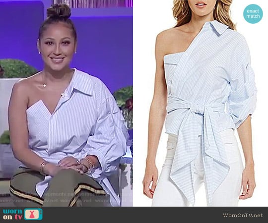 Gianni Bini Jessa One Shoulder Poplin Blouse worn by Adrienne Houghton on The Real