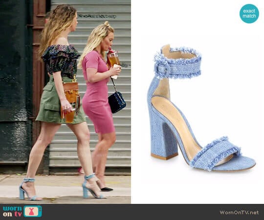Gianvito Rossi Kiki Frayed Denim Sandals worn by Liza Miller (Sutton Foster) on Younger