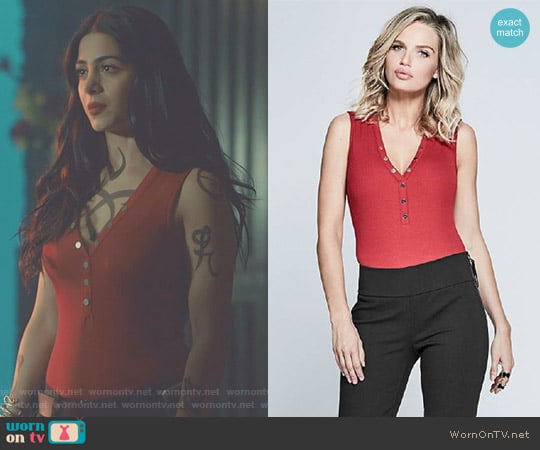 Guess Kasie Sleeveless Bodysuit worn by Isabelle Lightwood (Emeraude Toubia ) on Shadowhunters