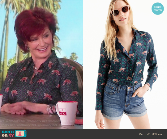 J.Crew Silk twill button-up in tiger print worn by Sharon Osbourne on The Talk