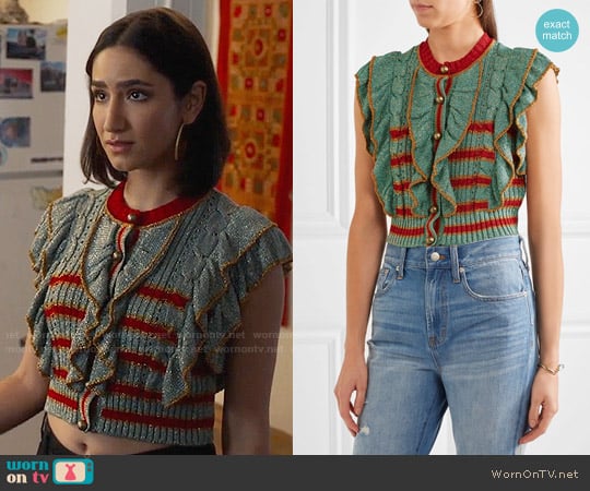 Philosophy di Lorenzo Serafini Cropped metallic knitted sweater worn by Adena El-Amin (Nikohl Boosheri) on The Bold Type