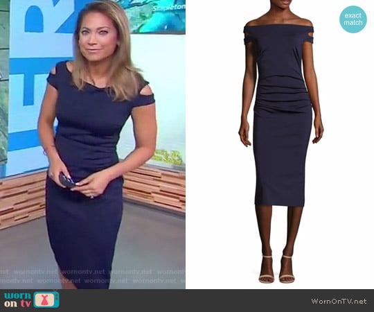 Trina Turk Off the Shoulder Enliven Sheath Dress worn by Ginger Zee on Good Morning America