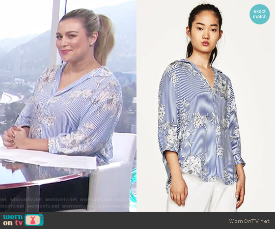Zara Printed Blouse with Polo Neck worn by Carissa Loethen Culiner on E! News