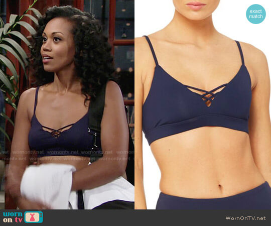 Alo Interlace Sports Bra in Rich Navy worn by Hilary Curtis (Mishael Morgan) on The Young and the Restless