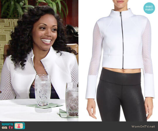 Alo Perforated Scuba Crop Jacket worn by Hilary Curtis (Mishael Morgan) on The Young and the Restless