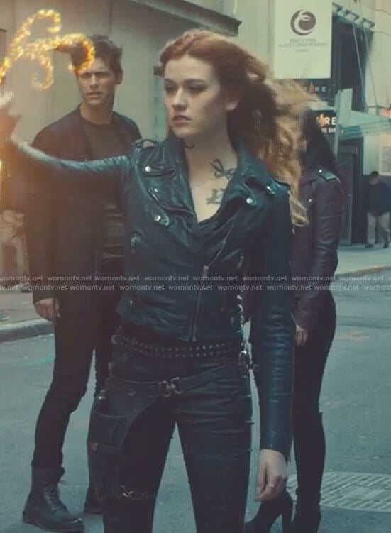 Clary’s navy cropped moto jacket and pants on Shadowhunters