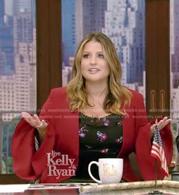 Sisanie’s black floral cold-shoulder top and red blazer on Live with Kelly and Ryan