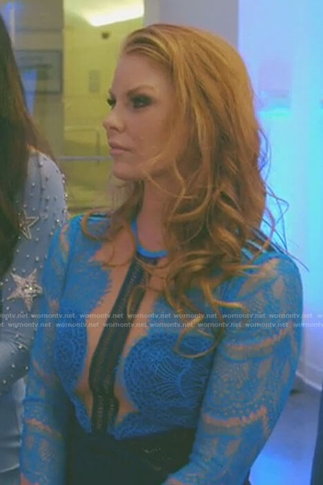 Brandi’s blue lace illusion dress on The Real Housewives of Dallas