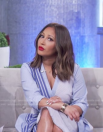 Adrienne’s blue striped asymmetrical dress on The Real
