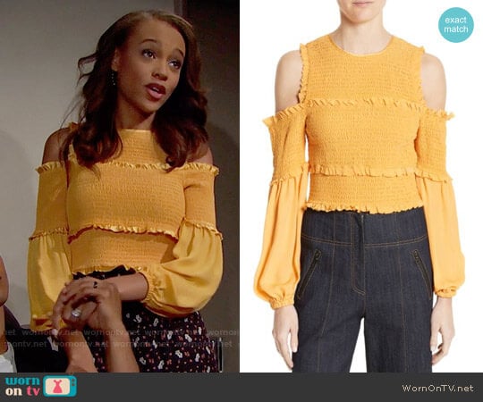 Cinq a Sept Pascal Top in Sienna worn by Nicole Avant (Reign Edwards) on The Bold and the Beautiful