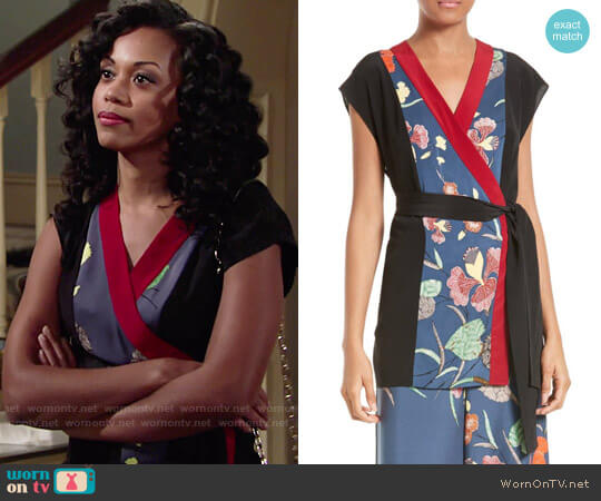 Diane von Furstenberg Print Stretch Silk Wrap Kimono Top worn by Hilary Curtis (Mishael Morgan) on The Young and the Restless