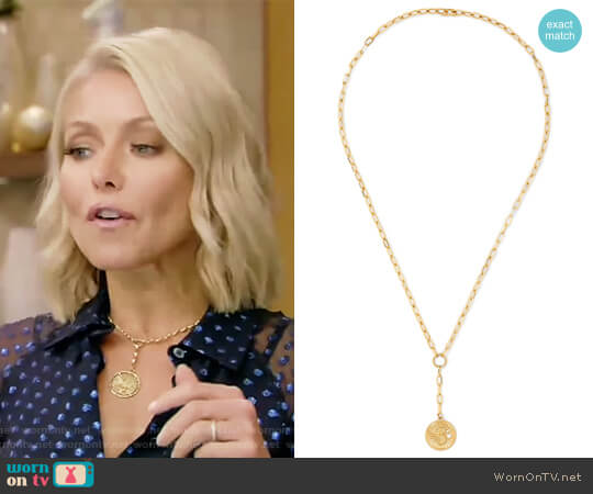 Foundrae Karma 18-karat gold diamond necklace worn by Kelly Ripa on Live with Kelly and Mark