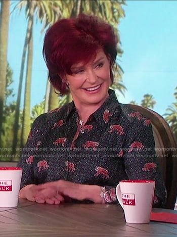 Sharon’s tiger print silk button up top on The Talk