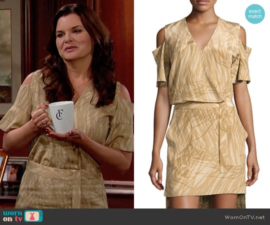 Halston Heritage Cold Shoulder Dress in Khaki Botanical Print worn by Katie Logan (Heather Tom) on The Bold and the Beautiful