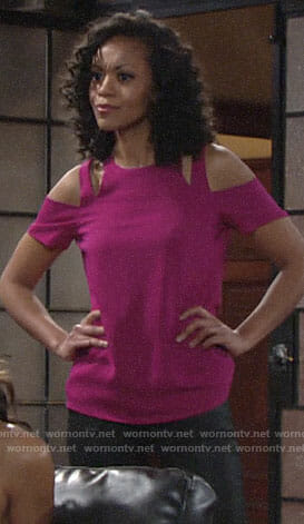 Hilary’s pink cold-shoulder top on The Young and the Restless