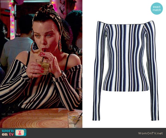 Jacquemus Off-the-shoulder striped ribbed wool sweater worn by Maggie (Debi Mazar) on Younger