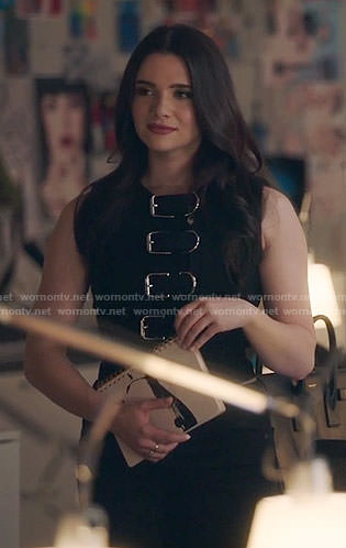 Jane’s black buckled front top on The Bold Type