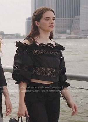 Jane’s black embroidered cold shoulder crop top on The Bold Type