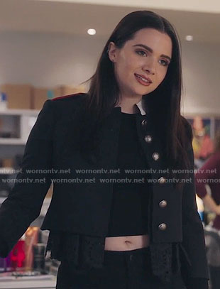 Jane’s black ruffle hem jacket on The Bold Type