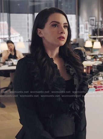 Jane’s black ruffled jacket on The Bold Type