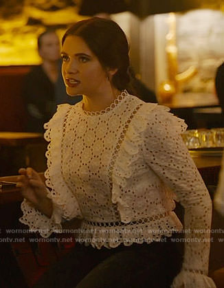 Jane’s white eyelet top with ruffles on The Bold Type