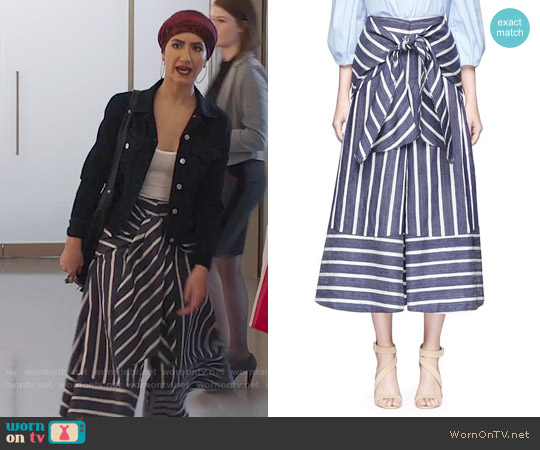 Johanna Ortiz Merrymack Tie Waist Stripe Raw Silk Culottes worn by Adena El-Amin (Nikohl Boosheri) on The Bold Type