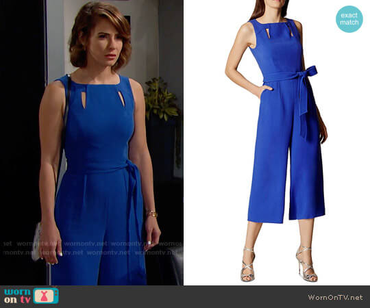 Karen Millen Belted Culotte Jumpsuit worn by Caroline Spencer (Linsey Godfrey) on The Bold and the Beautiful