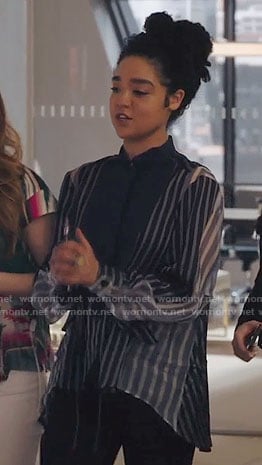 Kat’s blue mixed stripe shirt on The Bold Type